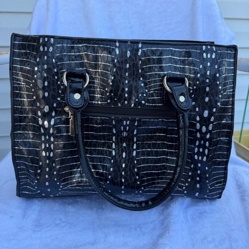 Black Patent Faux Leather Satchel Handbag Silver Metallic Pattern Top Handle Bag